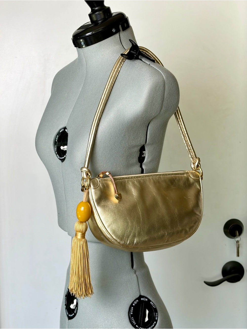 Escada Leather Shoulder Bag, zip, double strap, tassel charm, gold, EUC - Picture 2 of 15